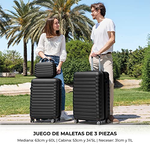 NUMADA Juego de Maletas Rígidas 3 Piezas - Maleta Cabina 53cm, Maleta Mediana 63 cm y Neceser - Resistentes, Ligeras y Seguras - Color Negro