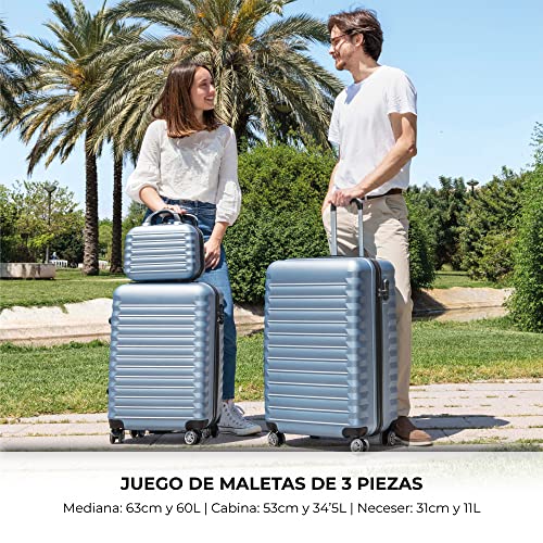 NUMADA-Juego de Maletas Rígidas 3pzs. Maleta Cabina 53cm, Maleta Mediana 63cm y Neceser. Set de Maletas de Viaje ABS Eco Friendly, 4 Ruedas Dobles, Resistentes, Ligeras y Seguras (Azul)