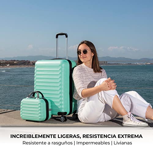 NUMADA-Juego de Maletas Rígidas 3pzs. Maleta Cabina 53cm, Maleta Mediana 63cm y Neceser. Set de Maletas de Viaje ABS Eco Friendly, 4 Ruedas Dobles, Resistentes, Ligeras y Seguras (Verde)