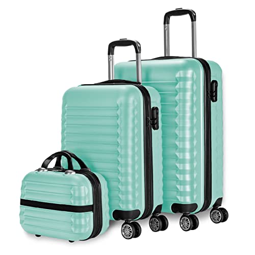 NUMADA-Juego de Maletas Rígidas 3pzs. Maleta Cabina 53cm, Maleta Mediana 63cm y Neceser. Set de Maletas de Viaje ABS Eco Friendly, 4 Ruedas Dobles, Resistentes, Ligeras y Seguras (Verde)