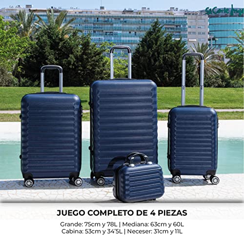 NUMADA-Juego de Maletas Rígidas 4pzs. Maleta Cabina 53cm, M. Mediana 63cm, M. Grande 75cm y Neceser. Set de Maletas de Viaje ABS Eco Friendly, 4 Ruedas Dobles, Cierre Combinación (Azul Marino)