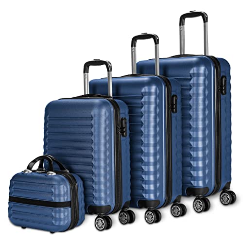 NUMADA-Juego de Maletas Rígidas 4pzs. Maleta Cabina 53cm, M. Mediana 63cm, M. Grande 75cm y Neceser. Set de Maletas de Viaje ABS Eco Friendly, 4 Ruedas Dobles, Cierre Combinación (Azul Marino)