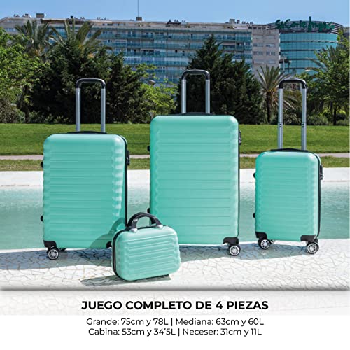 NUMADA-Juego de Maletas Rígidas 4pzs. Maleta Cabina 53cm, M. Mediana 63cm, M. Grande 75cm y Neceser. Set de Maletas de Viaje ABS Eco Friendly, 4 Ruedas Dobles, Cierre Combinación (Verde)