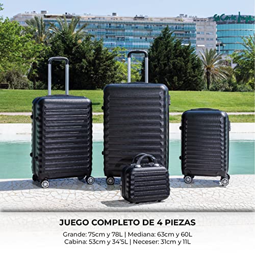 NUMADA-Juego de Maletas Rígidas 4pzs. Mod. Newteck Maleta Cabina 53cm, M. Mediana 63cm, M. Grande 75cm y Neceser, ABS Eco Friendly, 4 Ruedas Dobles, Cierre Combinación (Negro)