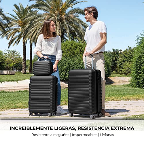 NUMADA-Juego de Maletas Rígidas 4pzs. Mod. Newteck Maleta Cabina 53cm, M. Mediana 63cm, M. Grande 75cm y Neceser, ABS Eco Friendly, 4 Ruedas Dobles, Cierre Combinación (Negro)