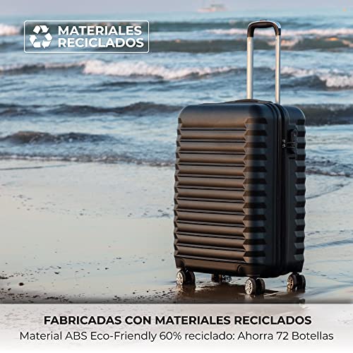 NUMADA-Juego de Maletas Rígidas 4pzs. Mod. Newteck Maleta Cabina 53cm, M. Mediana 63cm, M. Grande 75cm y Neceser, ABS Eco Friendly, 4 Ruedas Dobles, Cierre Combinación (Negro)