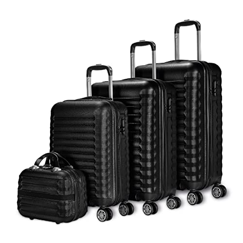 NUMADA-Juego de Maletas Rígidas 4pzs. Mod. Newteck Maleta Cabina 53cm, M. Mediana 63cm, M. Grande 75cm y Neceser, ABS Eco Friendly, 4 Ruedas Dobles, Cierre Combinación (Negro)