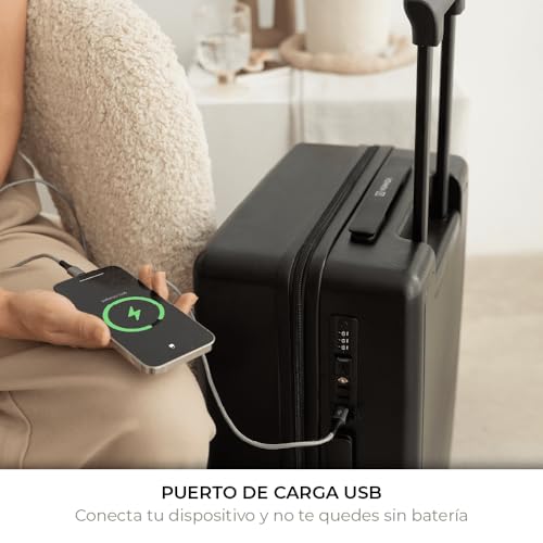 NUMADA - Maleta de Viaje Cabina PC + ABS (56x37,5x22cm) PackPro T40 con Cierre TSA y Carga USB. Maleta de Mano Rígida con 4 Ruedas 360, Extra de Refuerzo y Múltiples Compartimentos Interiores | Negro