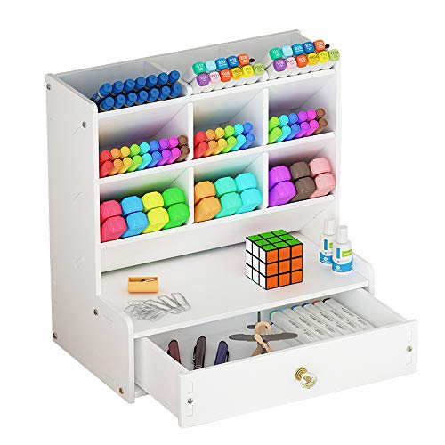 NUODWELL Organizador de escritorio con cajón, de color blanco y gran capacidad, para guardar bolígrafos y otros artículos de papelería, estante de almacenamiento para oficina, escuela y hogar