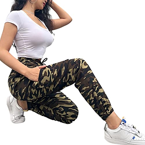 Nuofengkudu Joggers Camuflaje Pantalon Deportivo Mujer Elastico Cintura Alta con Cordon Cargo Bolsillos Tobilleros Harem Pantalones de Chándal Deporte Adolescente Jogging Casual Verde L