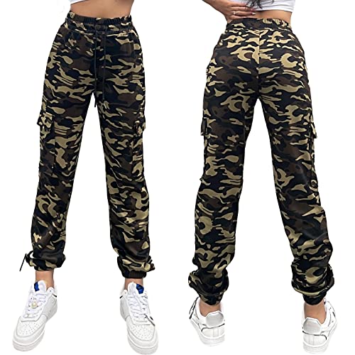 Nuofengkudu Joggers Camuflaje Pantalon Deportivo Mujer Elastico Cintura Alta con Cordon Cargo Bolsillos Tobilleros Harem Pantalones de Chándal Deporte Adolescente Jogging Casual Verde L