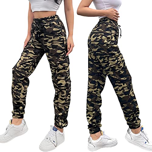 Nuofengkudu Joggers Camuflaje Pantalon Deportivo Mujer Elastico Cintura Alta con Cordon Cargo Bolsillos Tobilleros Harem Pantalones de Chándal Deporte Adolescente Jogging Casual Verde L