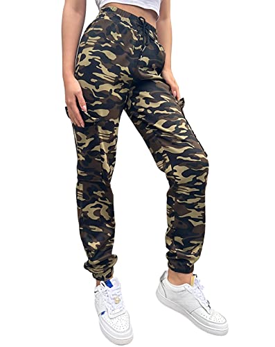 Nuofengkudu Joggers Camuflaje Pantalon Deportivo Mujer Elastico Cintura Alta con Cordon Cargo Bolsillos Tobilleros Harem Pantalones de Chándal Deporte Adolescente Jogging Casual Verde L