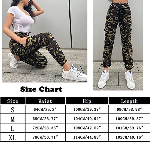 Nuofengkudu Joggers Camuflaje Pantalon Deportivo Mujer Elastico Cintura Alta con Cordon Cargo Bolsillos Tobilleros Harem Pantalones de Chándal Deporte Adolescente Jogging Casual Verde L