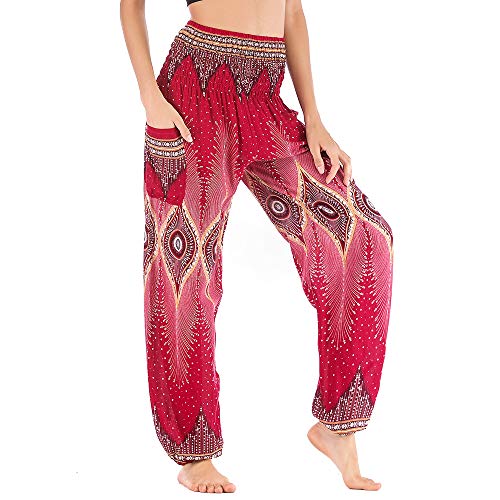 Nuofengkudu Mujer Algodón Thai Pantalones Hippies Cintura Alta con Bolsillo Boho Estampados Baggy Comodo Harem Pantalón Indios Yoga Pants Verano Playa(Rojo Ojo,Talla única)