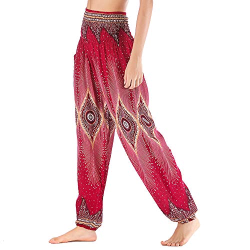 Nuofengkudu Mujer Algodón Thai Pantalones Hippies Cintura Alta con Bolsillo Boho Estampados Baggy Comodo Harem Pantalón Indios Yoga Pants Verano Playa(Rojo Ojo,Talla única)