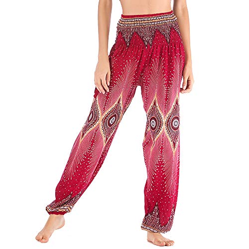 Nuofengkudu Mujer Algodón Thai Pantalones Hippies Cintura Alta con Bolsillo Boho Estampados Baggy Comodo Harem Pantalón Indios Yoga Pants Verano Playa(Rojo Ojo,Talla única)