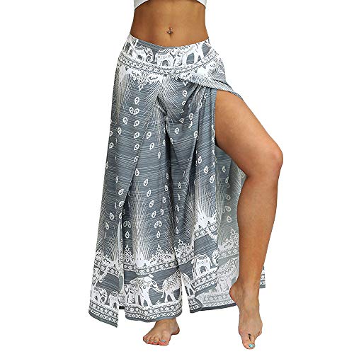 Nuofengkudu Mujer Hippie Largo Pantalones Dividir Pata Ancha Flores Estampados Sueltos Elegantes Comodos Thai Yoga Pants Verano Playa Vacaciones(Gris Pavo,S/M)