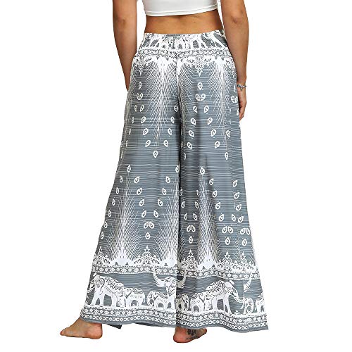 Nuofengkudu Mujer Hippie Largo Pantalones Dividir Pata Ancha Flores Estampados Sueltos Elegantes Comodos Thai Yoga Pants Verano Playa Vacaciones(Gris Pavo,S/M)