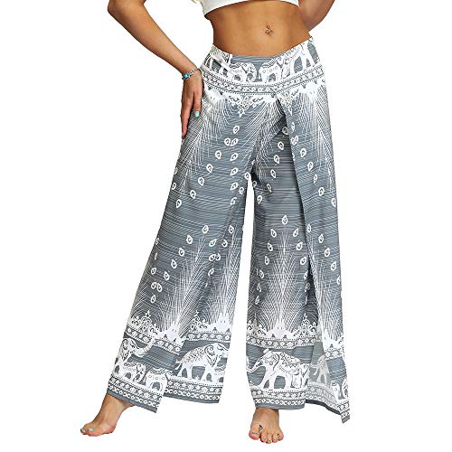 Nuofengkudu Mujer Hippie Largo Pantalones Dividir Pata Ancha Flores Estampados Sueltos Elegantes Comodos Thai Yoga Pants Verano Playa Vacaciones(Gris Pavo,S/M)