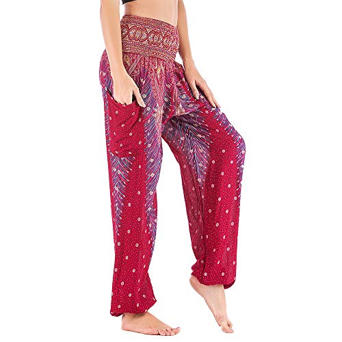 Nuofengkudu Mujer Hippie Thai Algodón Harem Pantalones con Bolsillo Boho Estampados Sueltos Pantalón Cintura Alta Indios Yoga Pants Pijama Verano Playa(Vino Tinto Pavo,Talla única)