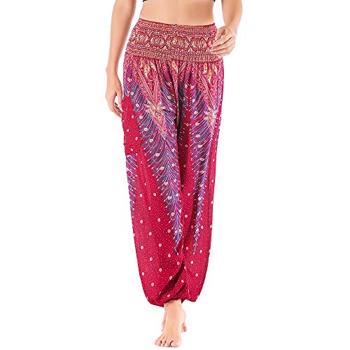 Nuofengkudu Mujer Hippie Thai Algodón Harem Pantalones con Bolsillo Boho Estampados Sueltos Pantalón Cintura Alta Indios Yoga Pants Pijama Verano Playa(Vino Tinto Pavo,Talla única)