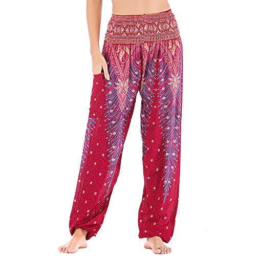 Nuofengkudu Mujer Hippie Thai Algodón Harem Pantalones con Bolsillo Boho Estampados Sueltos Pantalón Cintura Alta Indios Yoga Pants Pijama Verano Playa(Vino Tinto Pavo,Talla única)