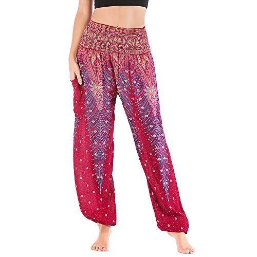 Nuofengkudu Mujer Hippie Thai Algodón Harem Pantalones con Bolsillo Boho Estampados Sueltos Pantalón Cintura Alta Indios Yoga Pants Pijama Verano Playa(Vino Tinto Pavo,Talla única)