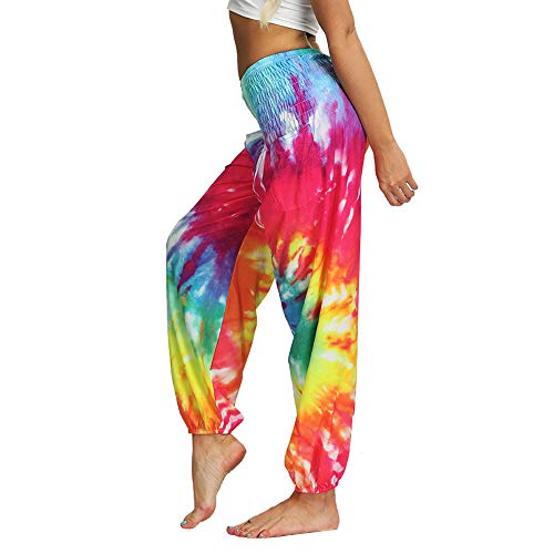 Nuofengkudu Mujer Hippies Pantalones Harem Tailandeses Boho Estampados Bolsillos Cintura Alta Baggy Yoga Pants Verano Playa Fiesta (Arco B,Talla única)