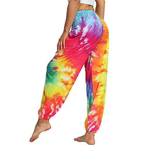 Nuofengkudu Mujer Hippies Pantalones Harem Tailandeses Boho Estampados Bolsillos Cintura Alta Baggy Yoga Pants Verano Playa Fiesta (Arco B,Talla única)