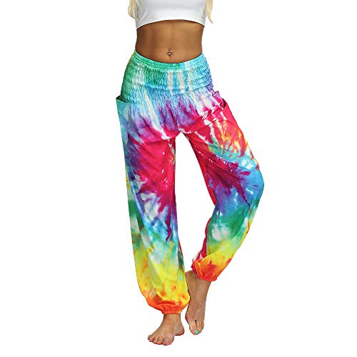 Nuofengkudu Mujer Hippies Pantalones Harem Tailandeses Boho Estampados Bolsillos Cintura Alta Baggy Yoga Pants Verano Playa Fiesta (Arco B,Talla única)