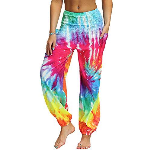 Nuofengkudu Mujer Hippies Pantalones Harem Tailandeses Boho Estampados Bolsillos Cintura Alta Baggy Yoga Pants Verano Playa Fiesta (Arco B,Talla única)