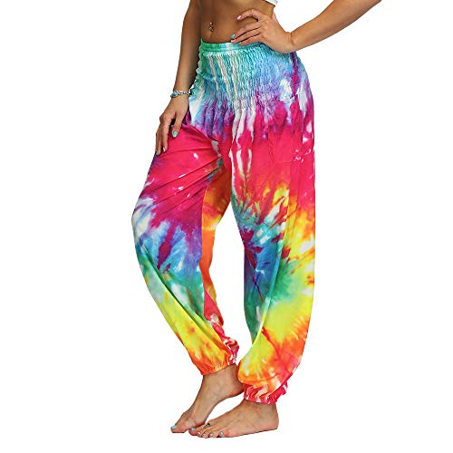 Nuofengkudu Mujer Hippies Pantalones Harem Tailandeses Boho Estampados Bolsillos Cintura Alta Baggy Yoga Pants Verano Playa Fiesta (Arco B,Talla única)