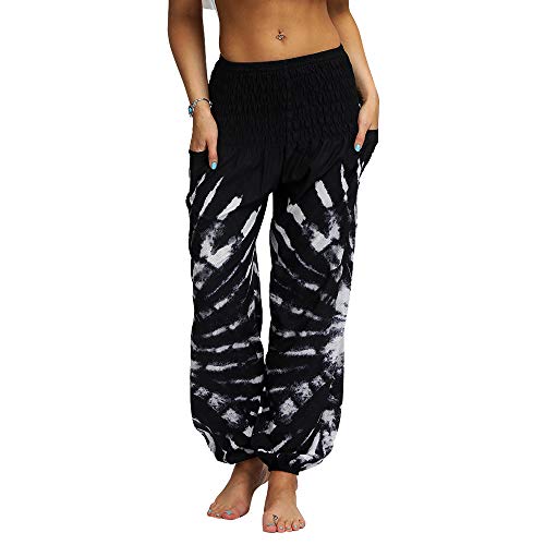 Nuofengkudu Mujer Hippies Pantalones Harem Tailandeses Boho Estampados Bolsillos Cintura Alta Baggy Yoga Pants Verano Playa Fiesta (Negro B,Talla única)