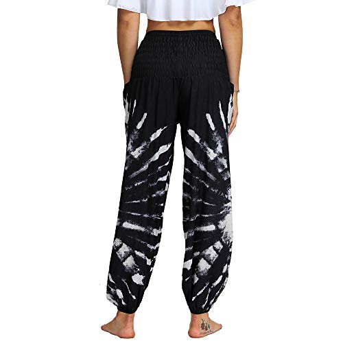 Nuofengkudu Mujer Hippies Pantalones Harem Tailandeses Boho Estampados Bolsillos Cintura Alta Baggy Yoga Pants Verano Playa Fiesta (Negro B,Talla única)