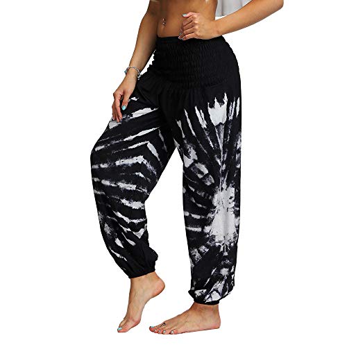 Nuofengkudu Mujer Hippies Pantalones Harem Tailandeses Boho Estampados Bolsillos Cintura Alta Baggy Yoga Pants Verano Playa Fiesta (Negro B,Talla única)