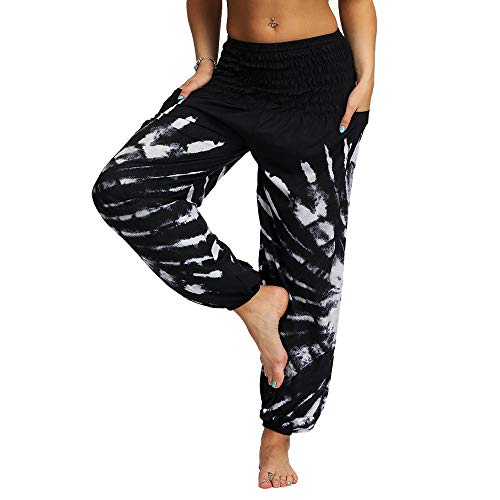 Nuofengkudu Mujer Hippies Pantalones Harem Tailandeses Boho Estampados Bolsillos Cintura Alta Baggy Yoga Pants Verano Playa Fiesta (Negro B,Talla única)