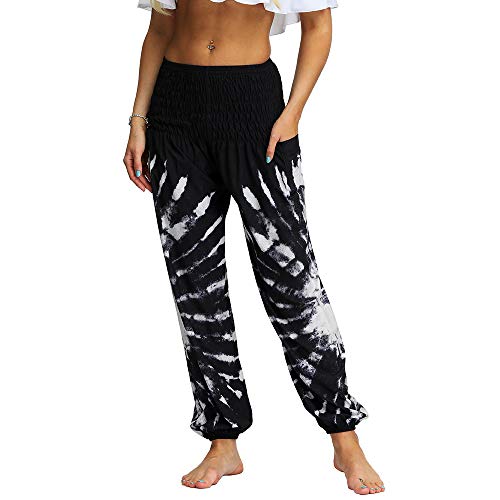 Nuofengkudu Mujer Hippies Pantalones Harem Tailandeses Boho Estampados Bolsillos Cintura Alta Baggy Yoga Pants Verano Playa Fiesta (Negro B,Talla única)