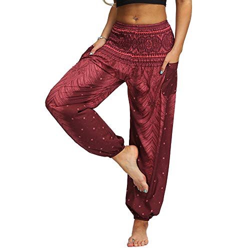 Nuofengkudu Mujer Hippies Pantalones Harem Tailandeses Boho Estampados Bolsillos Cintura Alta Baggy Yoga Pants Verano Playa Fiesta (Vino Tinto,Talla única)