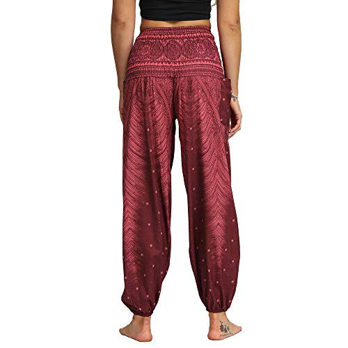 Nuofengkudu Mujer Hippies Pantalones Harem Tailandeses Boho Estampados Bolsillos Cintura Alta Baggy Yoga Pants Verano Playa Fiesta (Vino Tinto,Talla única)