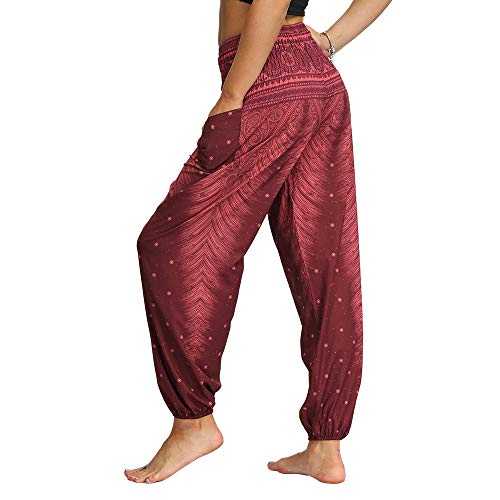 Nuofengkudu Mujer Hippies Pantalones Harem Tailandeses Boho Estampados Bolsillos Cintura Alta Baggy Yoga Pants Verano Playa Fiesta (Vino Tinto,Talla única)