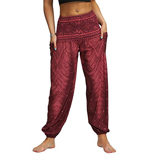 Nuofengkudu Mujer Hippies Pantalones Harem Tailandeses Boho Estampados Bolsillos Cintura Alta Baggy Yoga Pants Verano Playa Fiesta (Vino Tinto,Talla única)