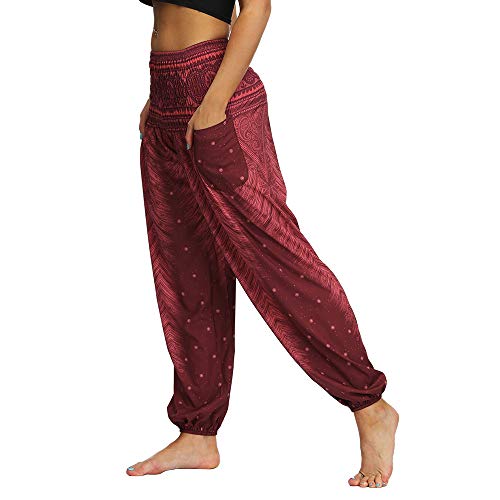 Nuofengkudu Mujer Hippies Pantalones Harem Tailandeses Boho Estampados Bolsillos Cintura Alta Baggy Yoga Pants Verano Playa Fiesta (Vino Tinto,Talla única)