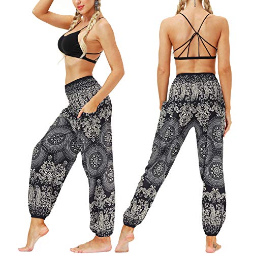 Nuofengkudu Mujer Hippies Yoga Pantalones Harem Baggy Tailandeses Boho Estampados Bolsillos Cintura Alta Baggy Pilates Pants Verano Playa Fiesta(Y-Patrón 10,Talla única)