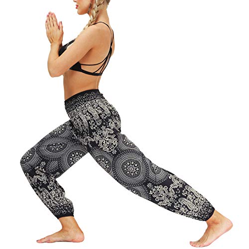 Nuofengkudu Mujer Hippies Yoga Pantalones Harem Baggy Tailandeses Boho Estampados Bolsillos Cintura Alta Baggy Pilates Pants Verano Playa Fiesta(Y-Patrón 10,Talla única)