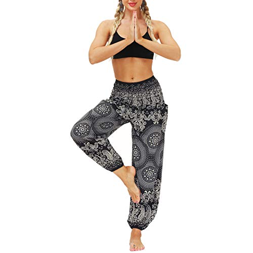 Nuofengkudu Mujer Hippies Yoga Pantalones Harem Baggy Tailandeses Boho Estampados Bolsillos Cintura Alta Baggy Pilates Pants Verano Playa Fiesta(Y-Patrón 10,Talla única)