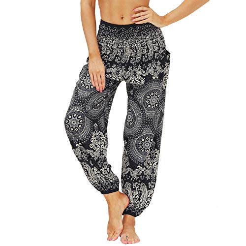 Nuofengkudu Mujer Hippies Yoga Pantalones Harem Baggy Tailandeses Boho Estampados Bolsillos Cintura Alta Baggy Pilates Pants Verano Playa Fiesta(Y-Patrón 10,Talla única)