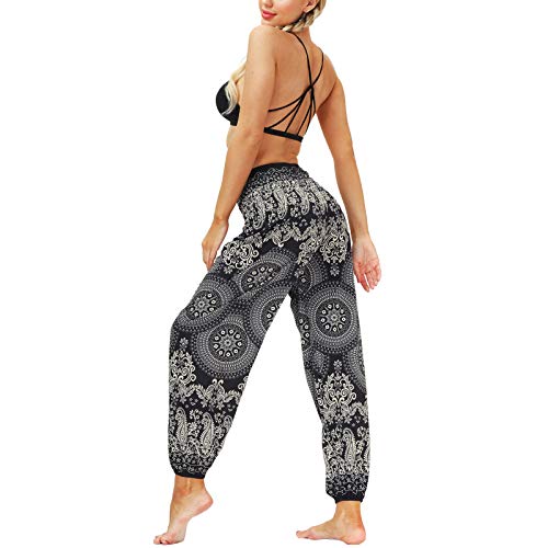 Nuofengkudu Mujer Hippies Yoga Pantalones Harem Baggy Tailandeses Boho Estampados Bolsillos Cintura Alta Baggy Pilates Pants Verano Playa Fiesta(Y-Patrón 10,Talla única)