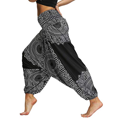 Nuofengkudu Mujer Pantalones Anchos Hippies Estampados Baggy Comodos Cintura Alta Tailandeses Yoga Pants Casual Playa Fiesta Verano (Negro Patrón A,Talla única