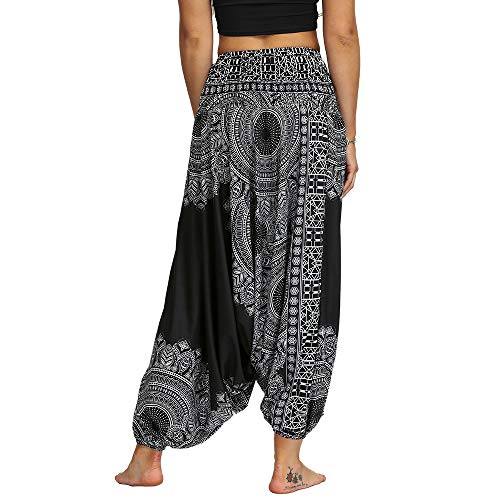 Nuofengkudu Mujer Pantalones Anchos Hippies Estampados Baggy Comodos Cintura Alta Tailandeses Yoga Pants Casual Playa Fiesta Verano (Negro Patrón A,Talla única